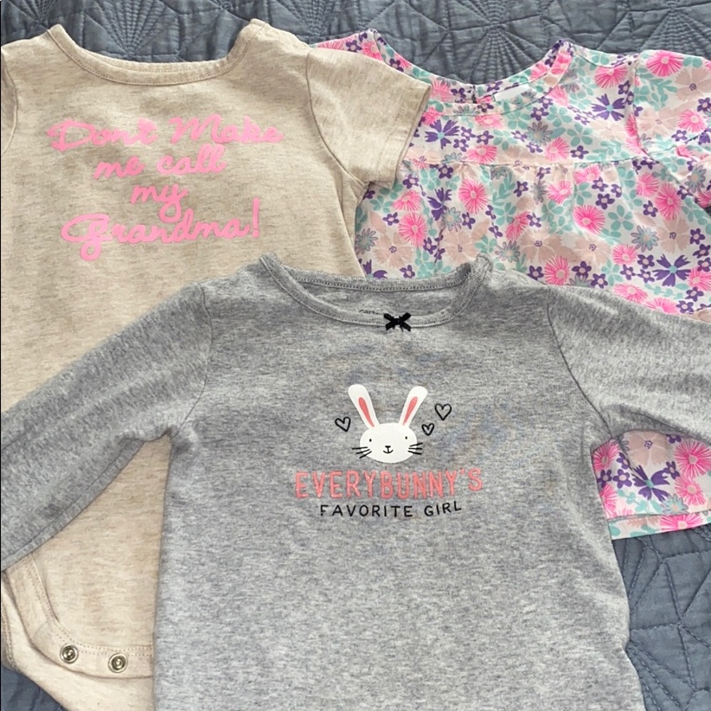 Onesies, tops and a dress. Sizes 18-24 months.